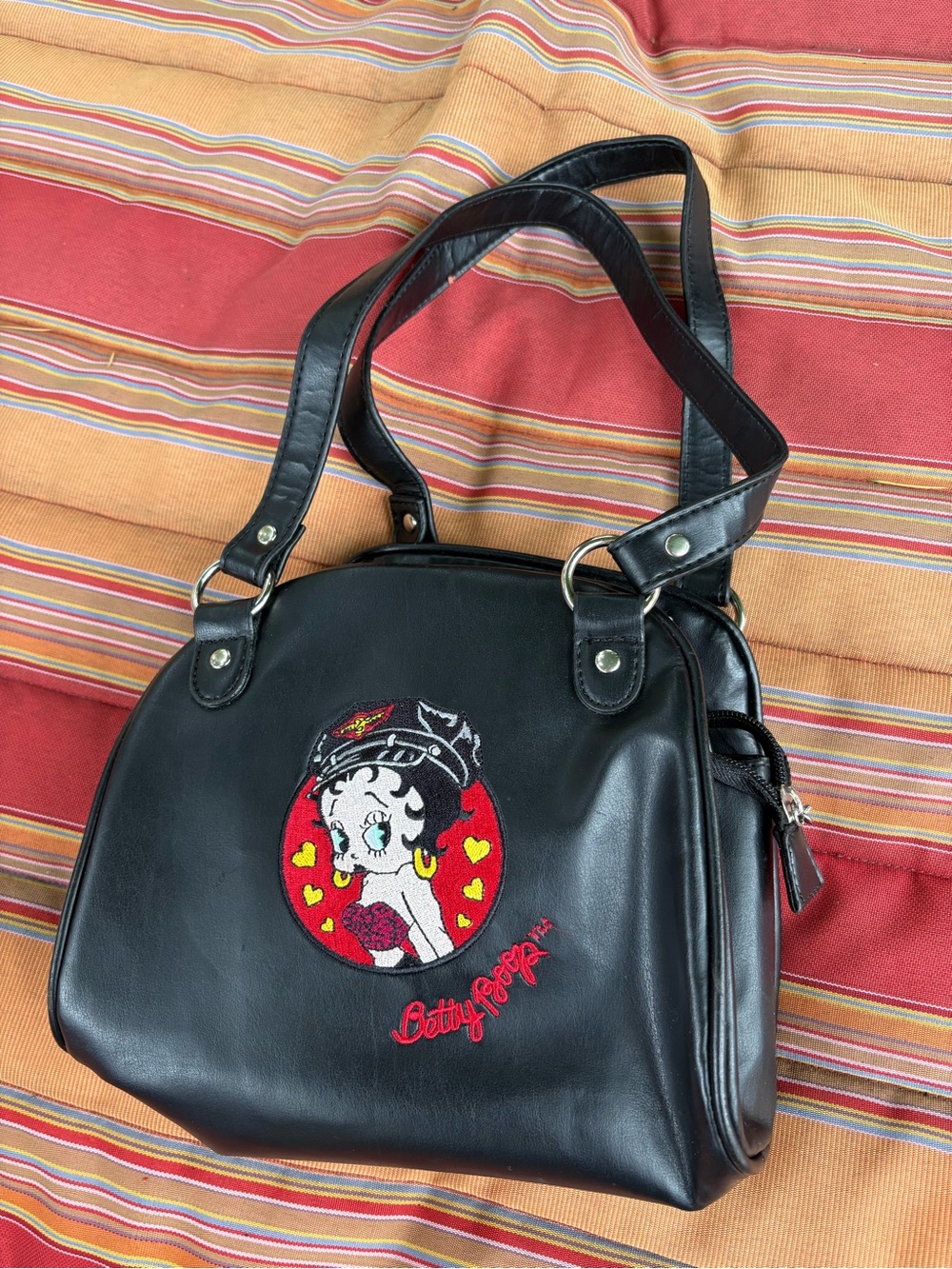 Betty Boop Black Faux Leather Shoulder Bag with Red Embroidered Motif